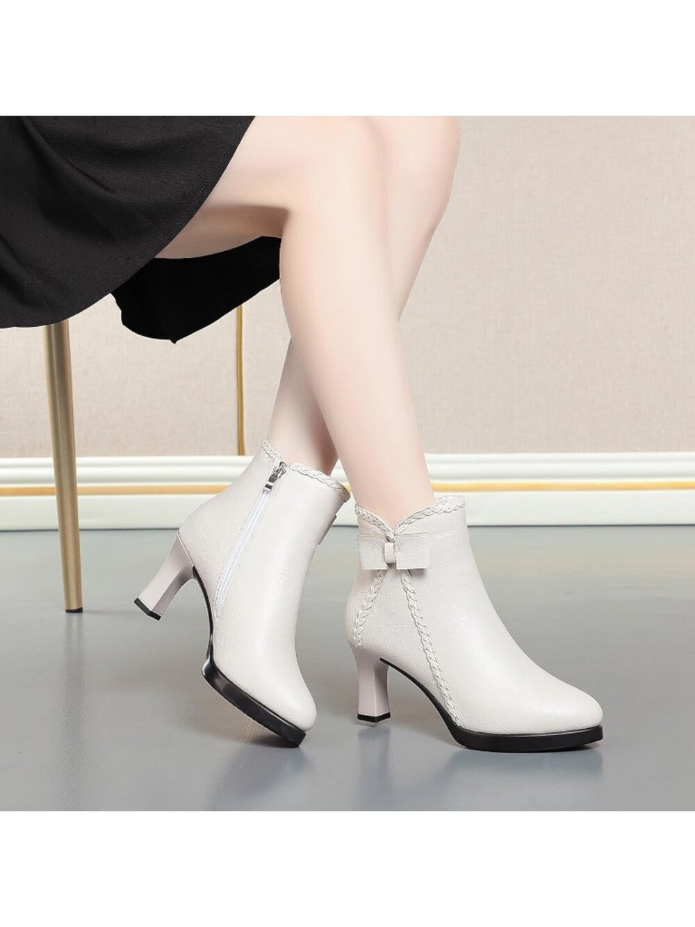 Women’s White Plush Pointed Toe High Heel Ankle Boots Side Zip Fur Lined Booties